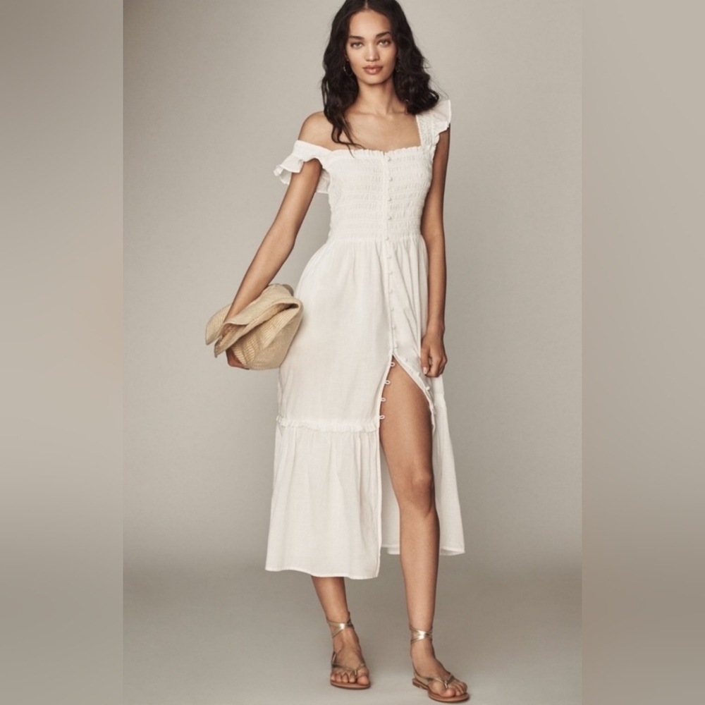 Anthropologie THE PEREGRINE Cream Square Neck Off-Shoulder Midi Dress Size XS